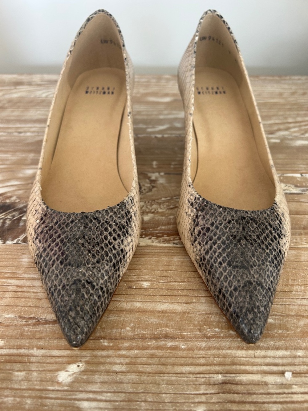 NWOB Stuart Wetizman Poco Snake Print Leather Kitten Heel in Grey & Cream Sz 9